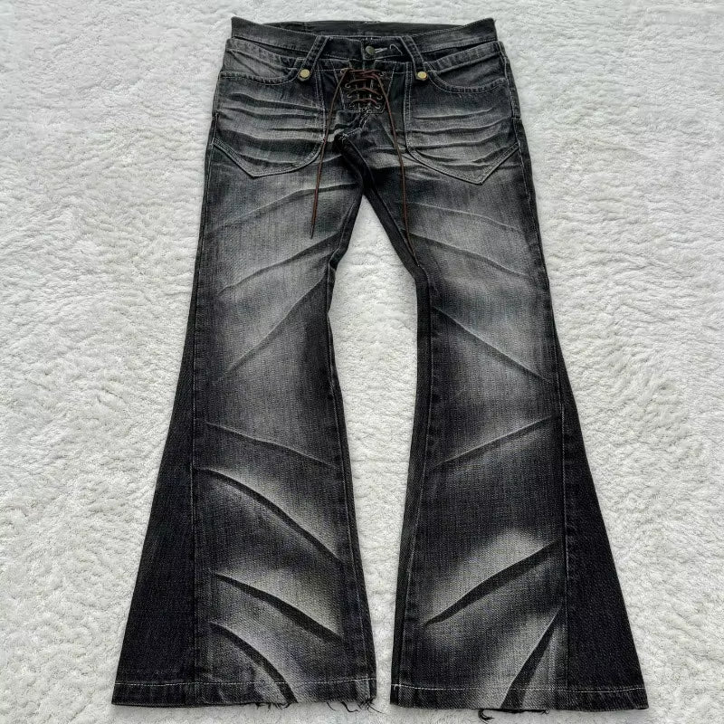 Y2K Distressed Flare Jeans Gothic Men Double Waist Lace up Denim Pants Retro Washed Scratches Streetwear Unisex Bootcut Jeans