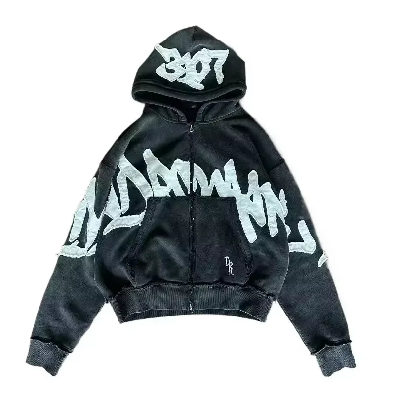 American Y2K New Hip Hop Trend Zipper Hoodie Women Street Casual Loose Joker Vintage Sweatshirt Unisex Fleece Padded Warm Hoodie