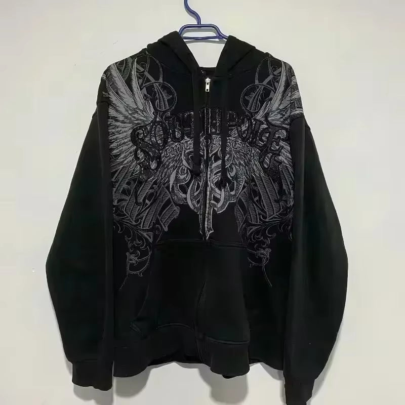 American Y2K New Hip Hop Trend Zipper Hoodie Women Street Casual Loose Joker Vintage Sweatshirt Unisex Fleece Padded Warm Hoodie