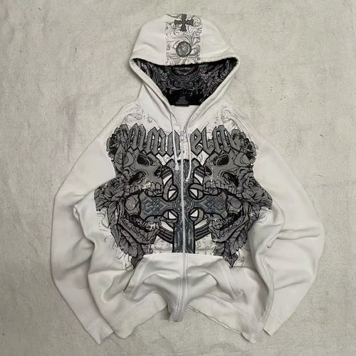 American Y2K New Hip Hop Trend Zipper Hoodie Women Street Casual Loose Joker Vintage Sweatshirt Unisex Fleece Padded Warm Hoodie