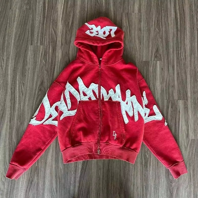 American Y2K New Hip Hop Trend Zipper Hoodie Women Street Casual Loose Joker Vintage Sweatshirt Unisex Fleece Padded Warm Hoodie