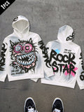 Manfinity EMRG Men'S White Autumn Streetwear City Break Back-To-School Hoodie,Stylish Graffiti Colorful Rapper Long Sleeve,Cartoon Graphic Rock Star Casual Hoodies