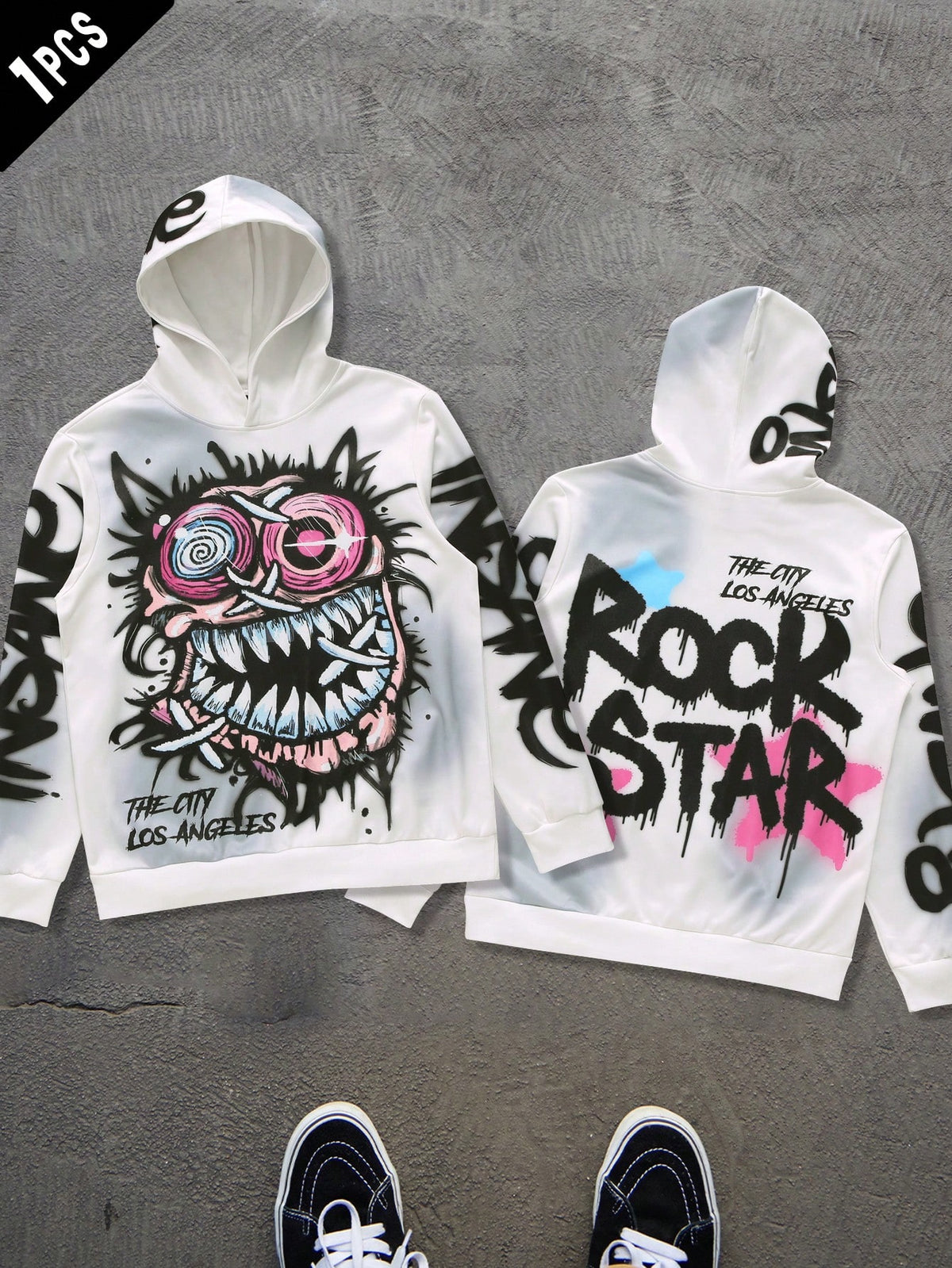 Manfinity EMRG Men'S White Autumn Streetwear City Break Back-To-School Hoodie,Stylish Graffiti Colorful Rapper Long Sleeve,Cartoon Graphic Rock Star Casual Hoodies