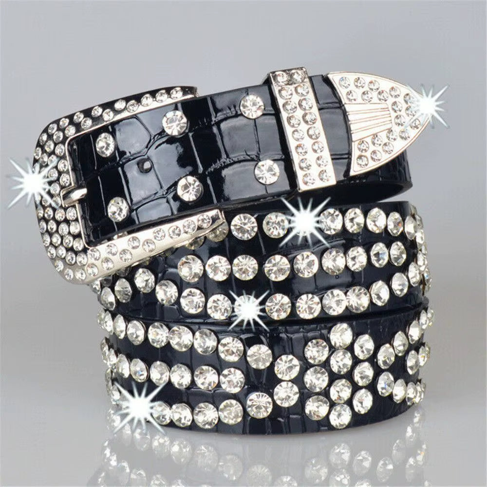 Fashion Leather Belts Men and Women Unisex Rhinestone Luxury Belts Casual Wide Buckle Punk Belts Crystal Bling Jeans Waistband