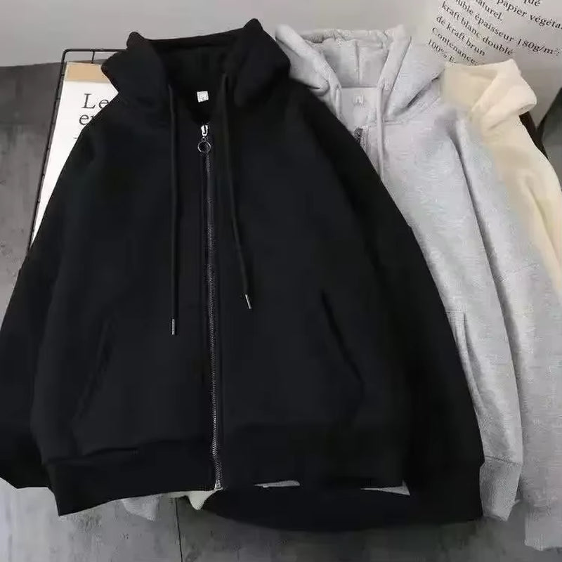American Y2K New Hip Hop Trend Zipper Hoodie Women Street Casual Loose Joker Vintage Sweatshirt Unisex Fleece Padded Warm Hoodie
