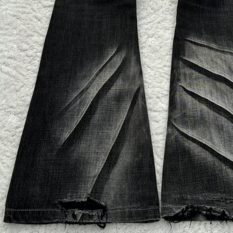 Y2K Distressed Flare Jeans Gothic Men Double Waist Lace up Denim Pants Retro Washed Scratches Streetwear Unisex Bootcut Jeans