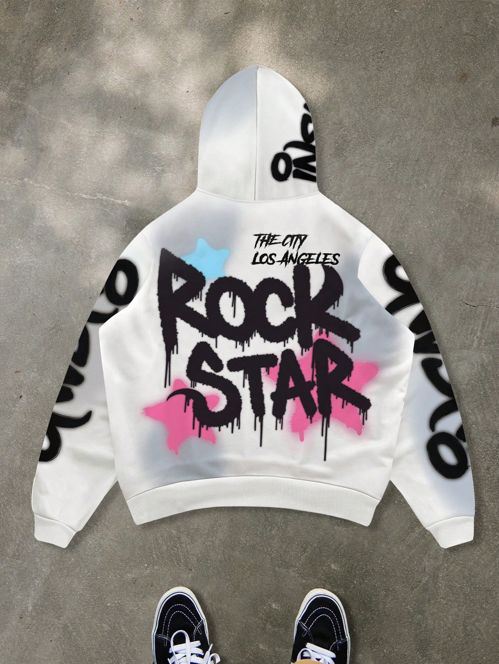 Manfinity EMRG Men'S White Autumn Streetwear City Break Back-To-School Hoodie,Stylish Graffiti Colorful Rapper Long Sleeve,Cartoon Graphic Rock Star Casual Hoodies