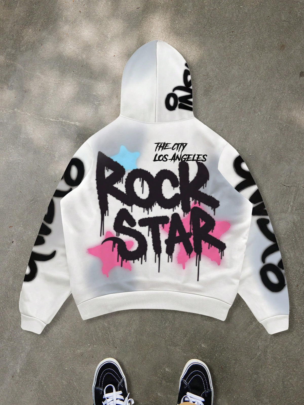 Manfinity EMRG Men'S White Autumn Streetwear City Break Back-To-School Hoodie,Stylish Graffiti Colorful Rapper Long Sleeve,Cartoon Graphic Rock Star Casual Hoodies