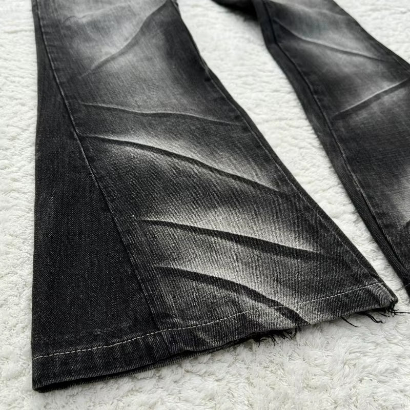 Y2K Distressed Flare Jeans Gothic Men Double Waist Lace up Denim Pants Retro Washed Scratches Streetwear Unisex Bootcut Jeans