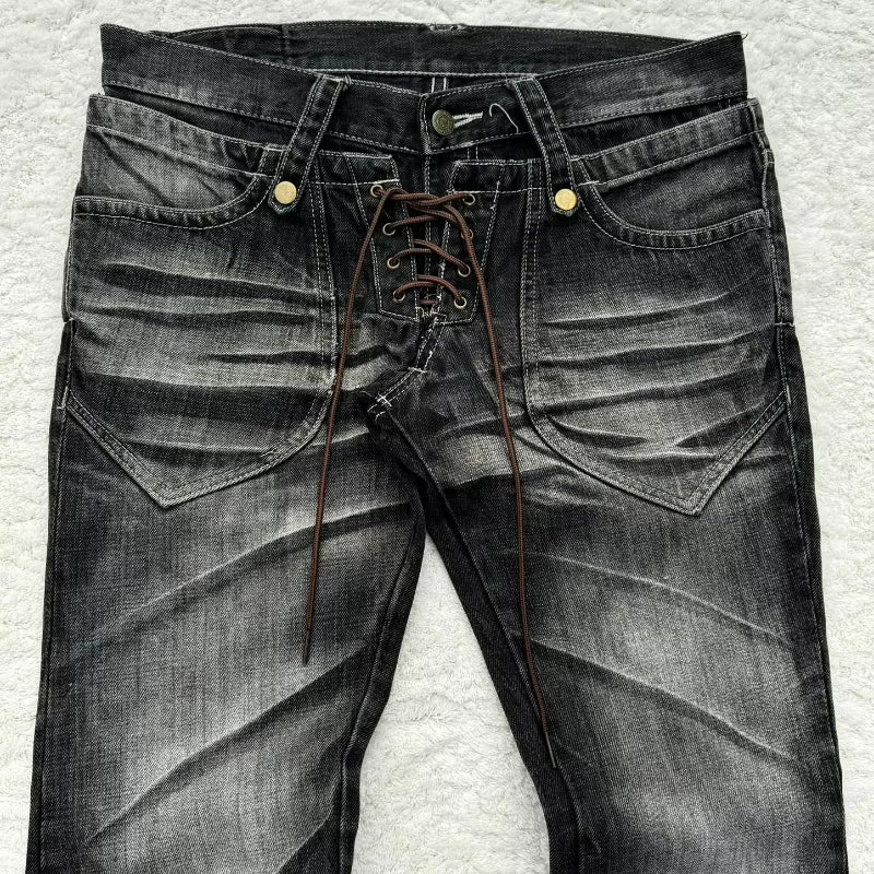 Y2K Distressed Flare Jeans Gothic Men Double Waist Lace up Denim Pants Retro Washed Scratches Streetwear Unisex Bootcut Jeans