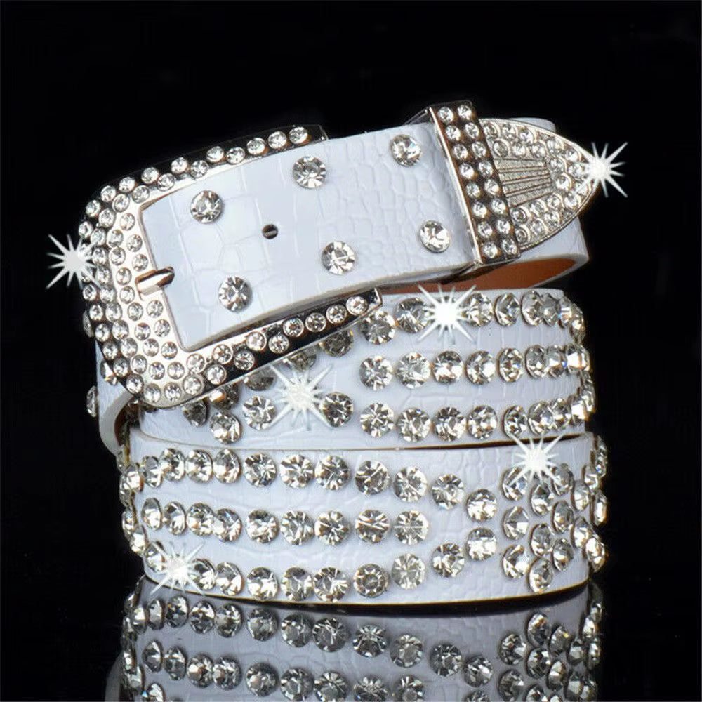 Fashion Leather Belts Men and Women Unisex Rhinestone Luxury Belts Casual Wide Buckle Punk Belts Crystal Bling Jeans Waistband
