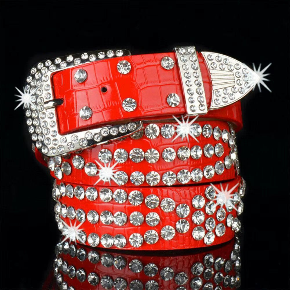 Fashion Leather Belts Men and Women Unisex Rhinestone Luxury Belts Casual Wide Buckle Punk Belts Crystal Bling Jeans Waistband
