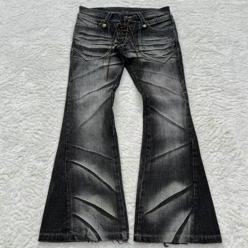 Y2K Distressed Flare Jeans Gothic Men Double Waist Lace up Denim Pants Retro Washed Scratches Streetwear Unisex Bootcut Jeans