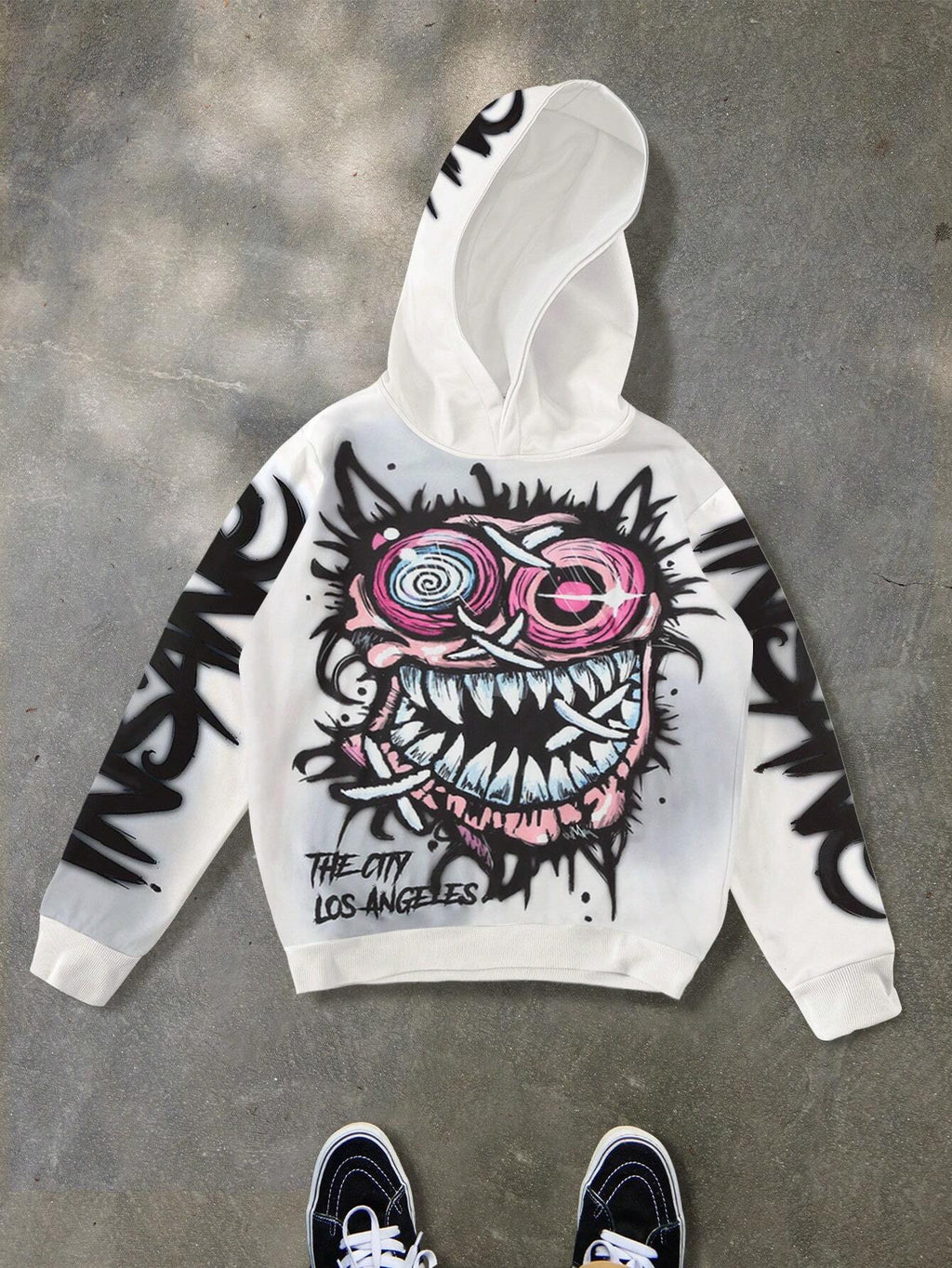 Manfinity EMRG Men'S White Autumn Streetwear City Break Back-To-School Hoodie,Stylish Graffiti Colorful Rapper Long Sleeve,Cartoon Graphic Rock Star Casual Hoodies