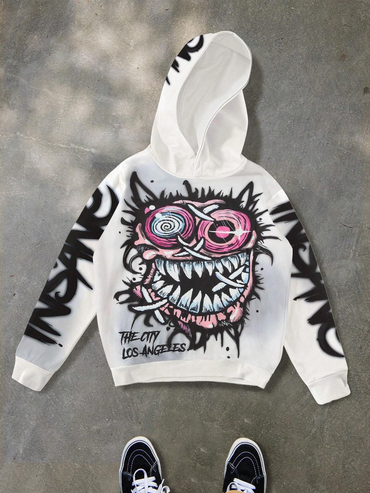 Manfinity EMRG Men'S White Autumn Streetwear City Break Back-To-School Hoodie,Stylish Graffiti Colorful Rapper Long Sleeve,Cartoon Graphic Rock Star Casual Hoodies
