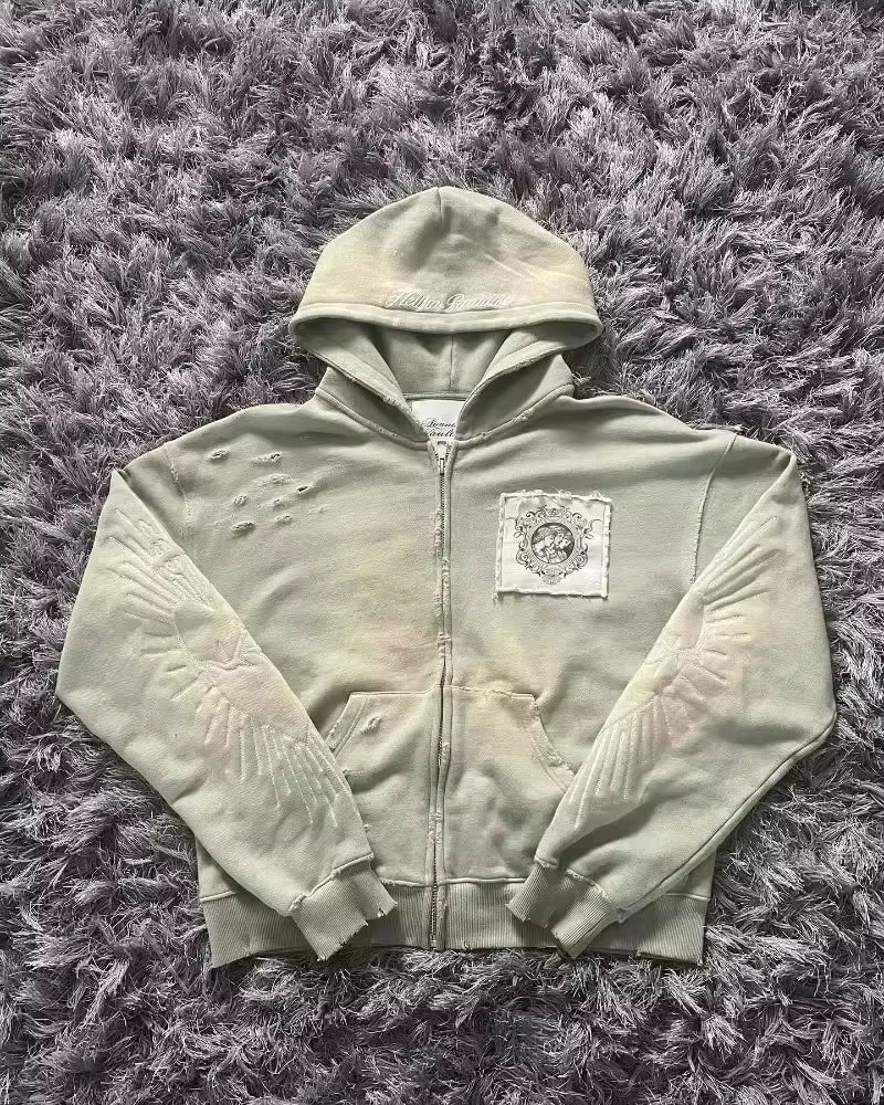 American Y2K New Hip Hop Trend Zipper Hoodie Women Street Casual Loose Joker Vintage Sweatshirt Unisex Fleece Padded Warm Hoodie