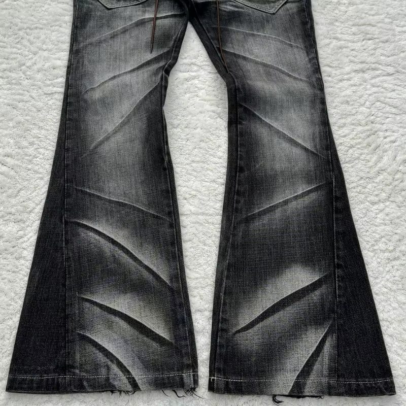 Y2K Distressed Flare Jeans Gothic Men Double Waist Lace up Denim Pants Retro Washed Scratches Streetwear Unisex Bootcut Jeans