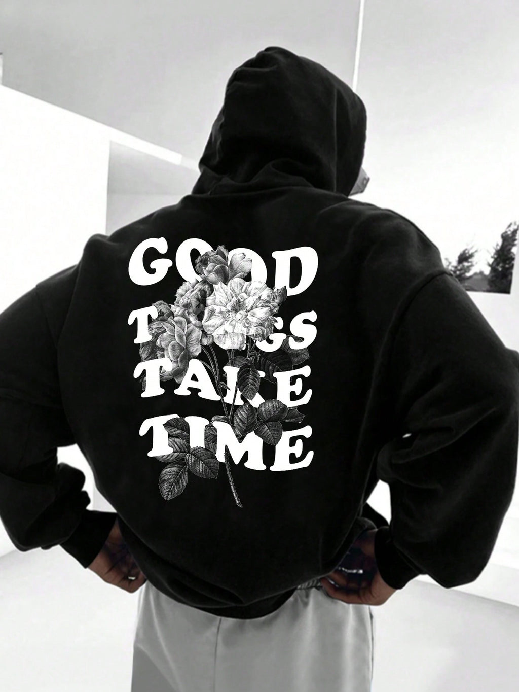 Teen Boy Casual Sweatshirt with Floral Sketch & Letter Print, Street Style Graphic Pullover Sweatshirt Chic Autumn/Winter