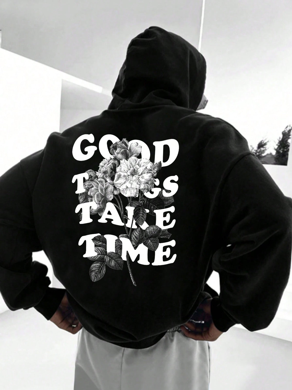 Teen Boy Casual Sweatshirt with Floral Sketch & Letter Print, Street Style Graphic Pullover Sweatshirt Chic Autumn/Winter