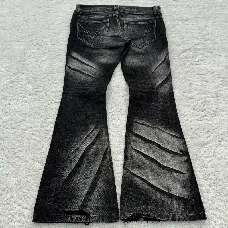 Y2K Distressed Flare Jeans Gothic Men Double Waist Lace up Denim Pants Retro Washed Scratches Streetwear Unisex Bootcut Jeans