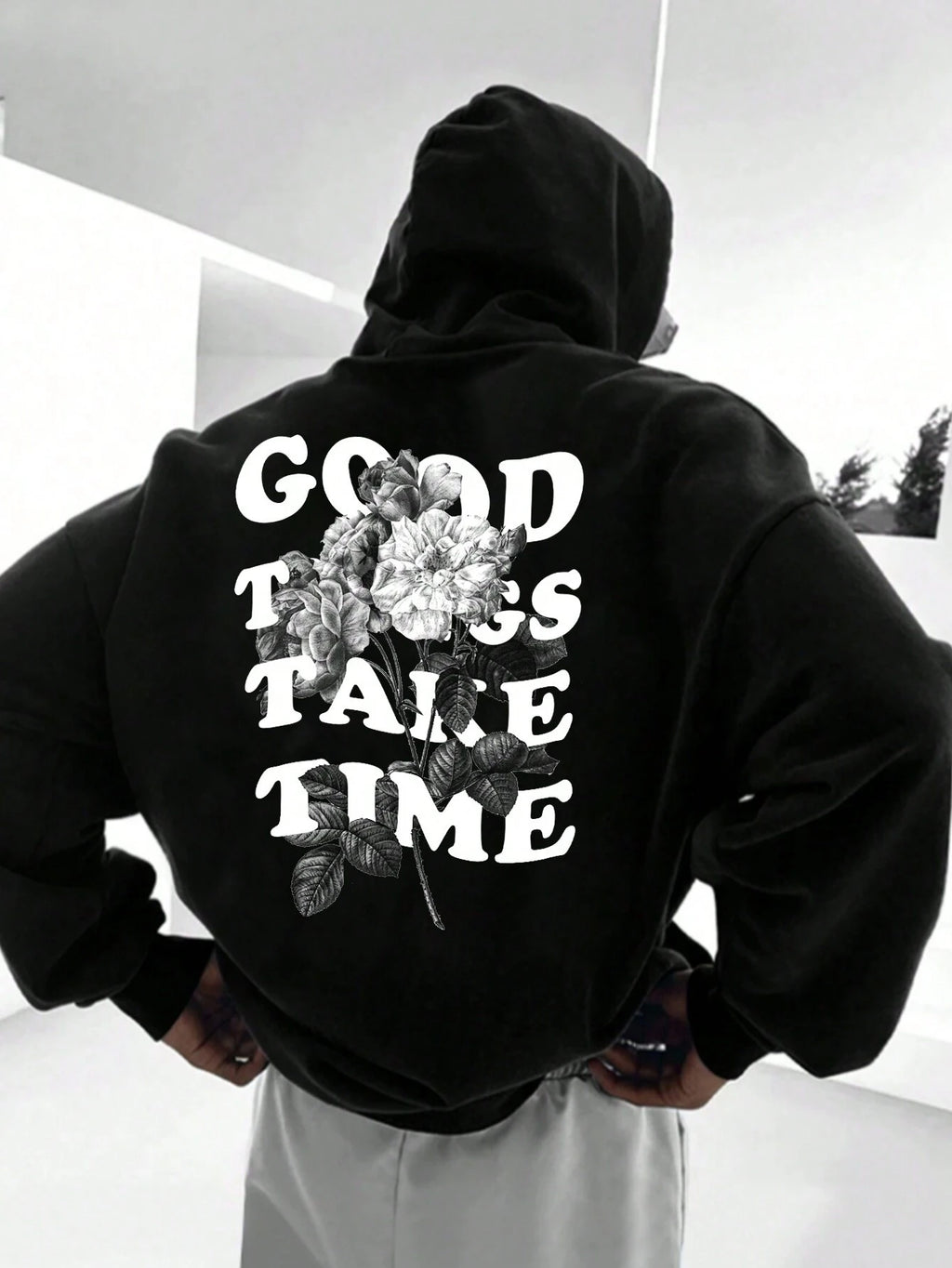 Teen Boy Casual Sweatshirt with Floral Sketch & Letter Print, Street Style Graphic Pullover Sweatshirt Chic Autumn/Winter