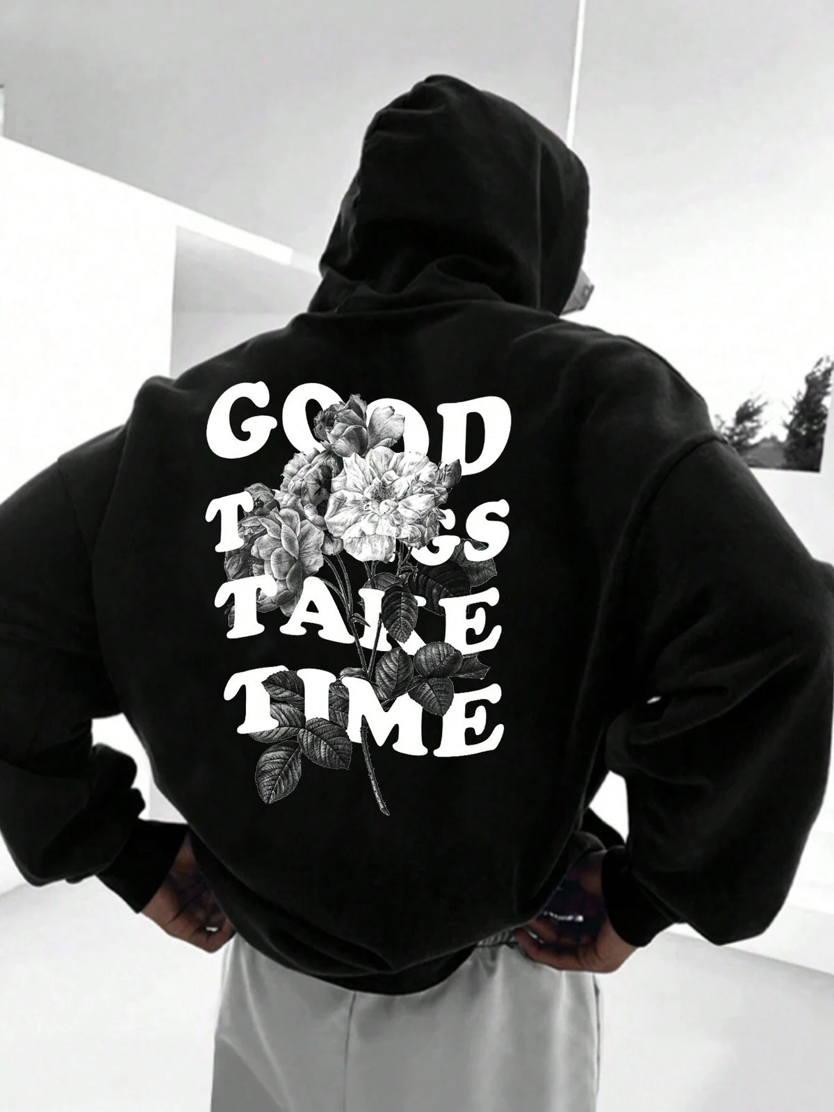 Teen Boy Casual Sweatshirt with Floral Sketch & Letter Print, Street Style Graphic Pullover Sweatshirt Chic Autumn/Winter